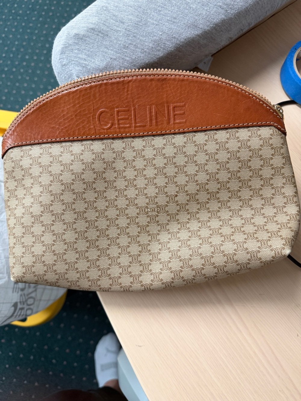 Celine Beige Monogram Canvas Pouch with Cognac Leather Trim